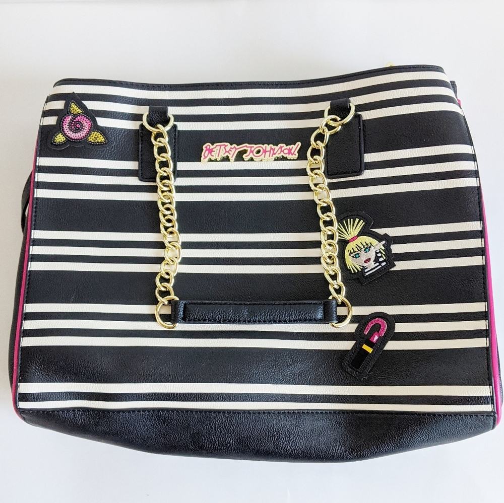 Betsey Johnson Black White Striped Tote w Patches